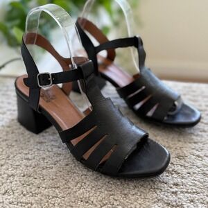 Miz Mooz BOARDWALK‎ Black Leather Block Heel Sandals Strappy T Strap Women 8.5-9